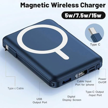 Azmuth for MagSafe Portable Charger, 10000mAh Magnetic Power Bank | 20W PD Fast Charging Magnetic Travel Charger with Dual USB-C LED Display for iPhone 17/16/15/14/13/12 Series - color: Blue