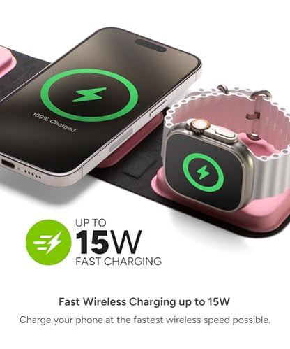 Mophie 3-in-1 Travel Charger with MagSafe - Portable Wireless Charging Hub - color: Cherry Blossom Pink, style: Gen 2