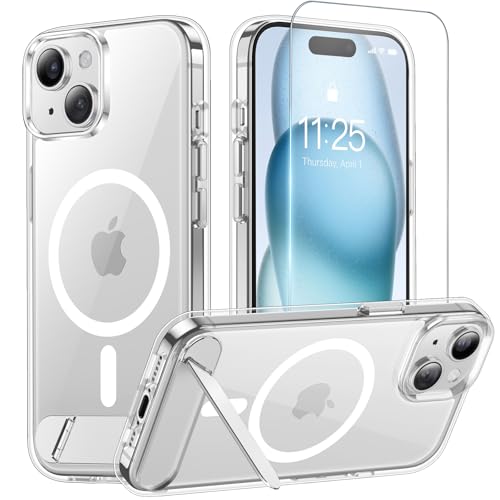 Magnetic for iPhone 15 Case with Stand Clear | (Screen Protector)(Compatible with MagSafe)(Military Grade Shockproof) Transparent Drop Protection Slim Phone Case,6.1" - color: Clear, size: For IPhone 15