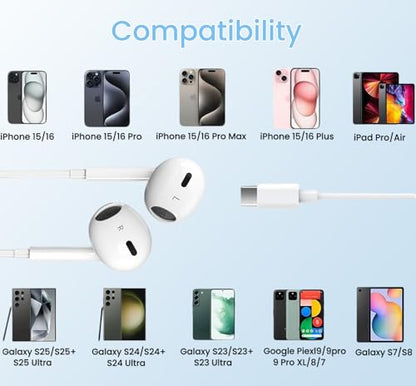2 Pack USB C Headphones for iPhone 15, Wired in-Ear Earphones Type C Earbuds with Mic & Volume Control Compatible with iPhone 17/Air/16/15 Pro/Pro Max, iPad Pro, Most USB C Jack Device