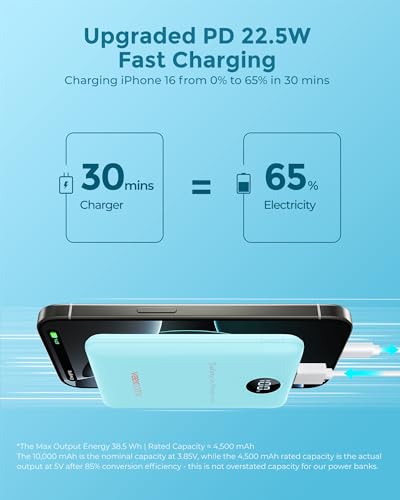 VEEKTOMX 10000mAh Mini Power Bank, 22.5W Fast Charger for iPhone Android - color: Blue