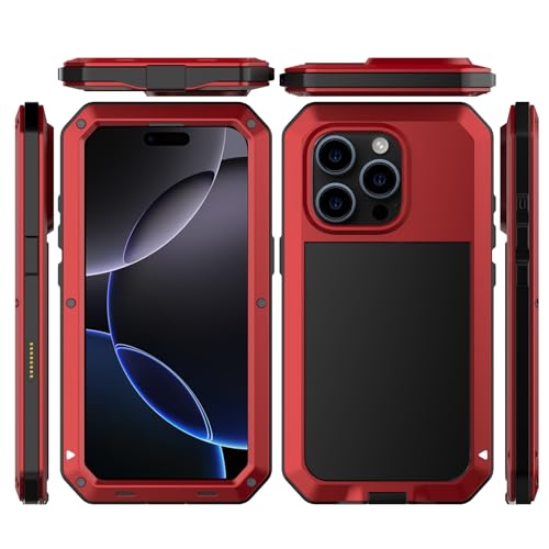 for iPhone 16 Pro Max Metal Case 6.9",Heavy Duty Shockproof Aluminum Alloy Tough Armour Military Phone Case,360 Full Body Protective Cover with Silicone Built-in Screen Protector - Red - color: Red
