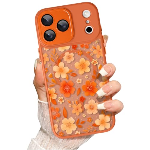 for iPhone 17 Pro Case Pretty Floral Cherry Blossom Design | [Compatible with Magsafe] Full Camera Protection for Women Girls Translucent Matte Magnetic Cover Orange - color: Cherry Blossom/Orange, size: iPhone 17 Pro