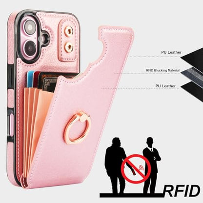Folosu Compatible with iPhone 16 Case Wallet with Card Holder, 360°Rotation Finger Ring Holder Kickstand, RFID Blocking Leather Protective Double Buttons Shockproof Cover 6.1 Inch Rose Gold - color: Rose Gold