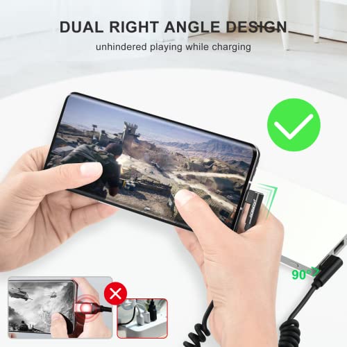 aceyoon USB to USB C Cable, 90 Degree Right Angled Coiled Fast Charging Cable QC 3.0 (1-2.5ft) 60W Short Android Auto USB C Charging Cable - color: 1 Pack