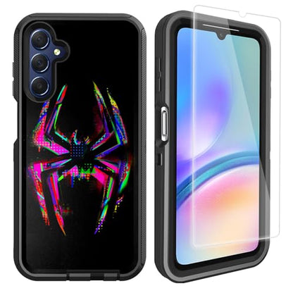 Compatible for Samsung Galaxy A15 Case with Screen Protector, Spider Cool Full Body Heavy Duty Black Shockproof 3-Layer Protective Case for Boys Men - color: Spider