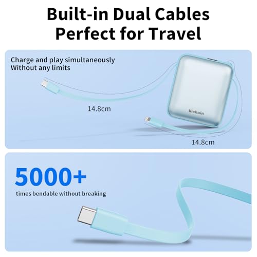 Hichain Mini Portable Charger with Built in Cables LED Display, Mini Power Bank 10000mAh 22.5W USB-C Fast Charging Portable Charger, Small Power Bank for iPhone Compatible with iPad & Android Blue - color: Blue