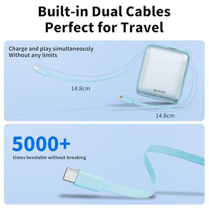 Hichain Mini Portable Charger with Built in Cables LED Display, Mini Power Bank 10000mAh 22.5W USB-C Fast Charging Portable Charger, Small Power Bank for iPhone Compatible with iPad & Android Blue - color: Blue