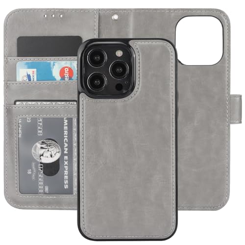 Bocasal Detachable Wallet Case Card Holder for iPhone 14 Pro Max Grey | RFID Blocking Kickstand Card Slots Holder PU Leather Magnetic Shockproof Wrist Strap Removable Flip Protective Cover 6.7 inch - color: Gray