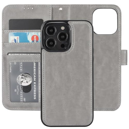 Bocasal Detachable Wallet Case Card Holder for iPhone 14 Pro Max Grey | RFID Blocking Kickstand Card Slots Holder PU Leather Magnetic Shockproof Wrist Strap Removable Flip Protective Cover 6.7 inch - color: Gray