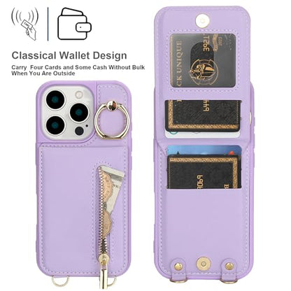Crossbody Wallet Case for iPhone 12 Pro Max, with Card Slots Zipper Pocket Case, Flip Folio Purse RFID Blocking with Ring Kickstand Detachable Strap-Purple - color: Purple, size: iPhone 12 Pro Max(6.7")