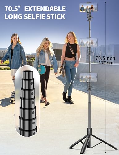 Aluminum 71" Phone Tripod, Travel Tripods for iPhone with Remote, Extendable Cell Phone Selfie Stick Tripod Stand Compatible with iPhone 17/16/15/14/13/Android/Camera - color: Black, size: 70.47 Inches - Upgraded Aluminum Pole