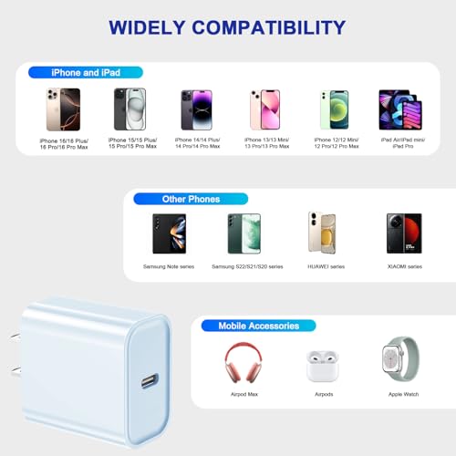 3Pack iPhone 17/16/15 Charge Block,USB C Charger, Blue Charger Adapter Plug - color: Blue