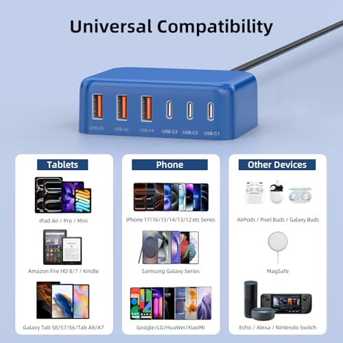 100W 6 in 1 USB Charger, 50% Smaller Charging Station for Multiple Devices - color: C-Blue