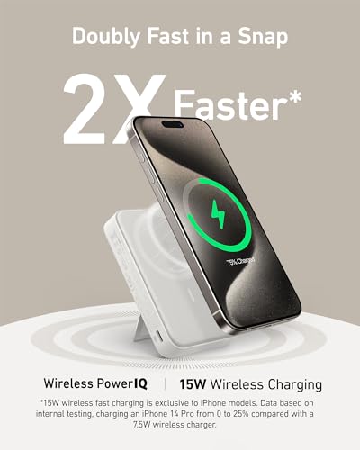 Anker MagGo Power Bank, 10,000mAh Qi2-Certified 15W Max Portable Charger | Fast MagSafe-Compatible Battery Pack, Smart Display, Foldable Stand, for iPhone 16 / 15 / 14 / 13 Only (USB-C Cable Included) - color: White