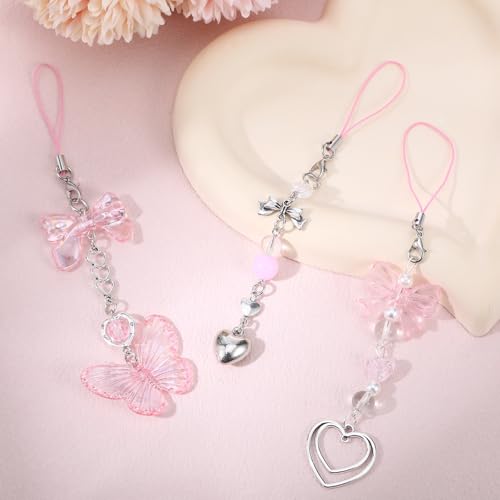 Pink Beaded Phone Wrist Straps, Y2K Phone Case Charms Camera Charm Strap, Lanyard Keychain Wristlet Aesthetic Cellphone Charm - style: 3 Pink Butterfly Metal Heart