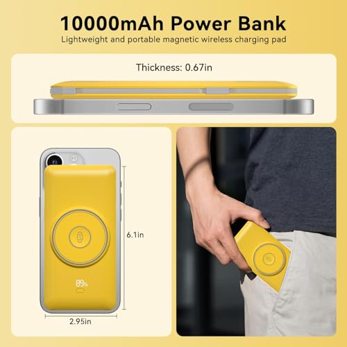 Magnetic 10000mAh Portable Charger for iWatch & iPhone, USB C Fast Charging Wireless Power Bank Built-in Cables and Wall Plug, External Travel Battery Pack Compatible with iOS Android Devices - color: Yellow