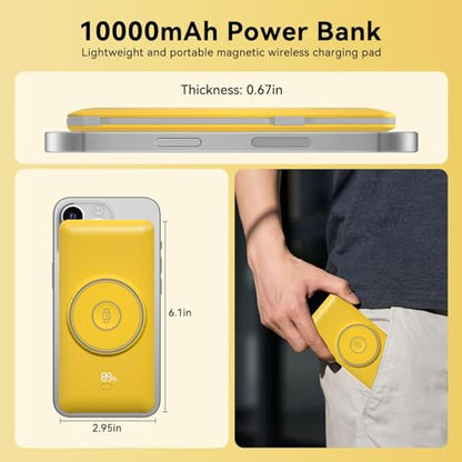 Magnetic 10000mAh Portable Charger for iWatch & iPhone, USB C Fast Charging Wireless Power Bank Built-in Cables and Wall Plug, External Travel Battery Pack Compatible with iOS Android Devices - color: Yellow