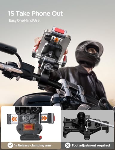 JOYROOM Aluminum Alloy Motorcycle Phone Mount with Vibration Dampener, Motorcycle Phone Holder for Harley Bike Bicycle Scooter ATV/UTV, Compatible with iPhone, Samsung, All Cell Phones