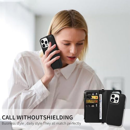 for iPhone 16 2-in-1 Magnetic Crossbody Wallet Case + Wrist Strap | Wireless Charging After Wallet Removal, Detachable Crossbody/Wrist Straps, Landscape Stand, Card Holder and Zipper Pocket - color: Black, size: iPhone 16
