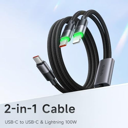 mcdodo 2-in-1 USB C and Lightning Cable, USB-C to C & Lightning 100W Fast Charging Cable Compatible for iPhone 16 15 14 13 12 11 Galaxy iPad MacBook and more-5FT