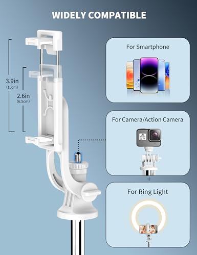 71" Cell Phone Selfie Stick Tripod, Smartphone Tripod Stand with Remote, Extendable Travel Phone Selfie Stick Compatible with iPhone 17/16/15/14/13 Pro Max Gopro Android DJI (White) - color: White, size: 70.86 Inches - Reinforced Stability