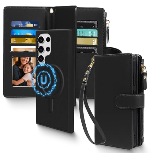 Magnetic Case for Samsung Galaxy S25 Ultra Wallet Compatible with Magsafe RFID Blocking Card Holder Detachable Phone Cover Kickstand Snap Strap Zipper Pocket PU Leather (Black) - color: Black, size: Galaxy S25 Ultra