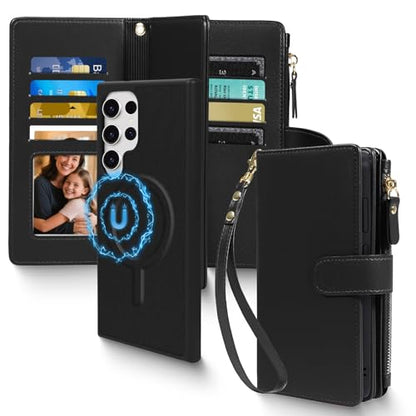 Magnetic Case for Samsung Galaxy S25 Ultra Wallet Compatible with Magsafe RFID Blocking Card Holder Detachable Phone Cover Kickstand Snap Strap Zipper Pocket PU Leather (Black) - color: Black, size: Galaxy S25 Ultra