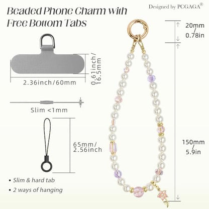 pcgaga Pearl Beaded Phone Charm, Phone Wrist Strap, Handmade Bracelet Straps, Anti-Lost Lanyard Wrist Chain for Airpods Women Girls Gift - color: Pink Blossom