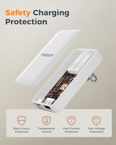 USB C Flat Wall Charger PD 45W, TESSAN Flat Fast Phone Charger Foldable - size: USB-A & USB-C, PD 45 W