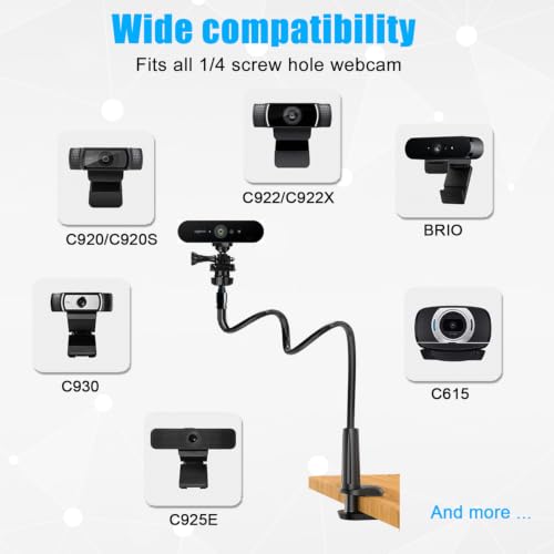 JCWINY Webcam Mount, Webcam Stand for Desk Flexible Gooseneck Computer Camera Stand Arm Clamp with Phone Holder Compatible with Logitech C930e C930 C920 C922x C922 Brio 4K C925e C615