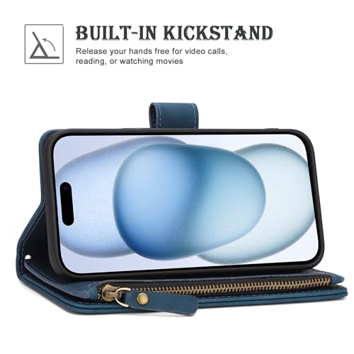 RANYOK Wallet Case for iPhone 15 (6.1 inch) with RFID Blocking Credit Card Holder, Premium PU Leather [Zipper Pocket] Flip Folio Case Wallet with Wrist Strap Kickstand Protective Case (Blue) - color: Blue