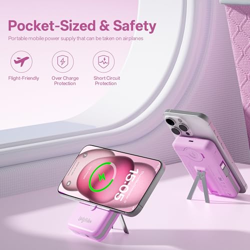 Magnetic Portable Charger Built-in Cables,10000mAh Fast Charging Wireless Charger Station External Battery Pack Slim Pocket Size Power Bank with Stand Compatible with iWatch, iPhone - color: Purple