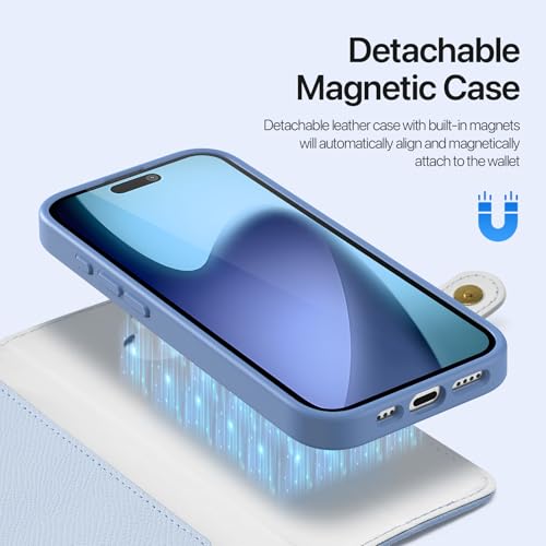 for iPhone 17 Wallet Case, Detachable iPhone 17 Case Wallet Blue | Compatible with Magsafe, RFID Blocking, Zipper Card Holder, PU Leather Flip Folio Case, Strap Wallet Case, - color: Blue, size: iPhone 17