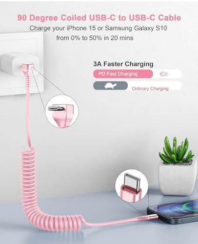 90 Degree Coiled USB C Cable for Car 3FT, 2Pack USB C to USB C Cable-Pink - color: Pink, size: 3FT