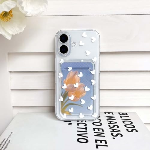 NITITOP Compatible with iPhone 16 Plus Case Clear with Card Holder Cute White Love Heart Pattern Design Design Soft TPU Shock-Absorbing Wallet Case Protective Cover - White - color: White, size: iPhone 16 Plus