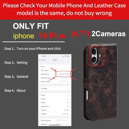 Leather Case Compatible with iPhone 16 Plus Wallet 6.7" | Genuine Leather 2-in-1 Magnetic Detachable Shockproof,Flip Folio Cover with Card Slot,Wireless Charging RFID Blocking Coffee - color: Brown Coffee, size: 16 Plus