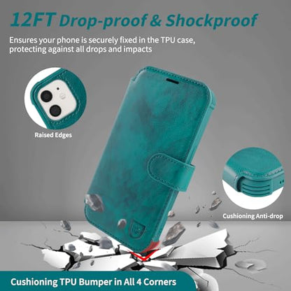 VANAVAGY Wallet Case for iPhone 11 6.1 inch, Midnight Green | 12ft Drop-proof Cover for Women Men, Silm PU Leather, RFID Blocking Card Holder, Wrist Strap, Screen Protector - color: Midnight Green