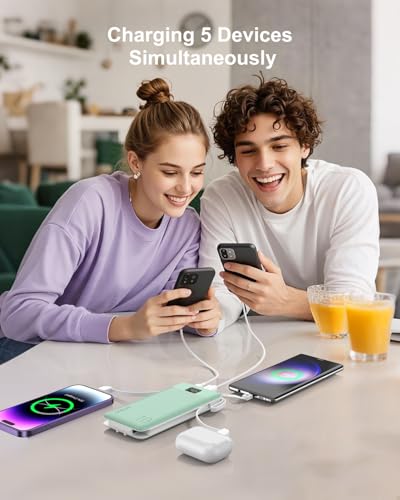 Portable Charger 10000mAh Power Bank w/Built-in 3 Cables & AC Wall Plug - color: Green