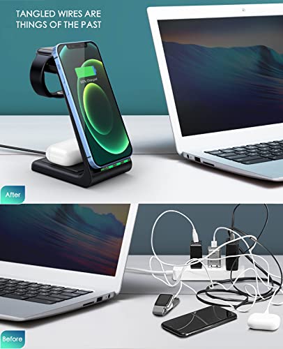 3 in 1 Wireless Charging Station,2026 Upgraded Fast Desk Charger Station for iPhone 17 16 15 14 13 12 Pro Max Plus,Charger Stand for Apple Watch 11 10 9 8 7 6 5 4 3 2 Ultra SE,Airpods 4 3 2 Pro(Black) - color: B-Black