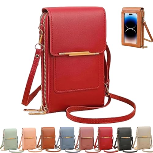 Touchscreen Phone Crossbody Bag, Women's Touch Screen Mobile Phone Messenger bag, Anti Theft Leather Bag - color: Red