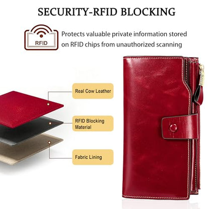 YALUXE Women's Real Leather Wallet RFID Protect 21 Card Slots Phone Pocket - color: 2- Waxed Red, size: Genuine Leather