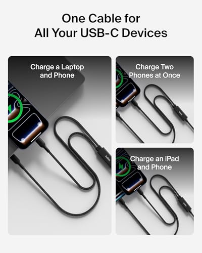 Belkin 2 in 1 USB C to C 140W Braided Cable, 5ft, Dual Charging Cord - color: Black