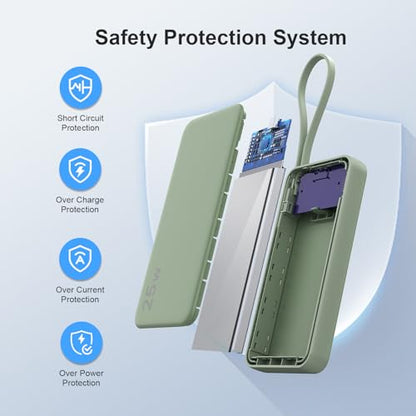 NOBIS Portable Charger 10000mAh 25W Power Bank with Built-in Cable - color: Green