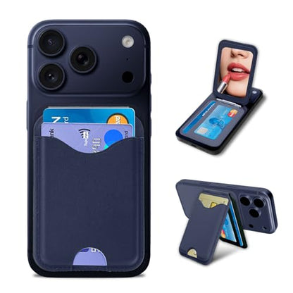 Upgraded for MagSafe Wallet with Makeup mirror，Stronger Magnetic rfid blocking Wallet for iPhone Air 17 16 15 14 13 12 Pro Max,4 Cards Holder with Adjustable Stand(Blue) - color: Blue