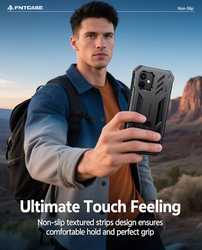 FNTCASE for iPhone 12 Case with Built-in Screen Protector and Kickstand | 20FT Military-Grade Drop Protection, Anti-Slip Matte Textured, Rugged Heavy Duty Shockproof TPU Protective Phone Cover - color: Black