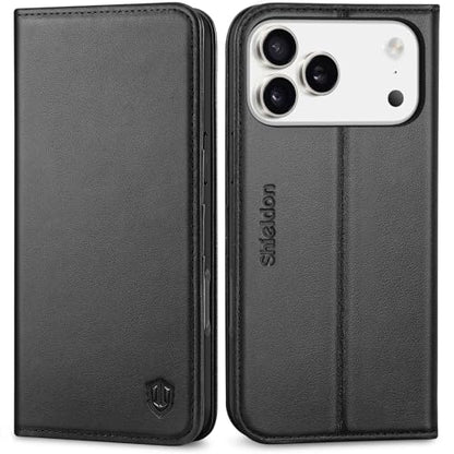 SHIELDON Genuine Leather Wallet Case for iPhone 17 Pro Max 6.9" 2025, Black | Flip Magnetic Cover, Kickstand, RFID Blocking, 3 Credit Card Holder, Book Design, Shockproof, Soft Inner Phone Case - color: Black
