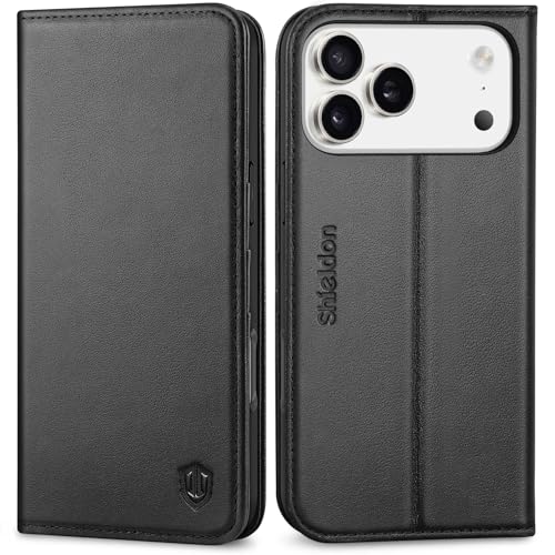SHIELDON Genuine Leather Wallet Case for iPhone 17 Pro Max 6.9" 2025, Black | Flip Magnetic Cover, Kickstand, RFID Blocking, 3 Credit Card Holder, Book Design, Shockproof, Soft Inner Phone Case - color: Black