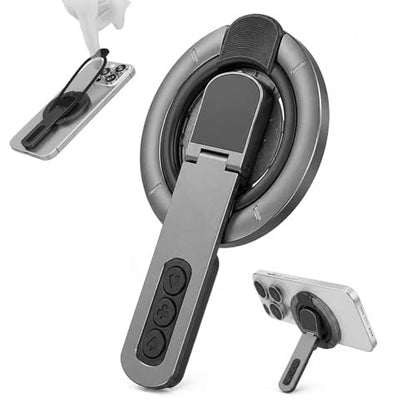 3-in-1 Magnetic Phone Grip Stand,Gym Phone Holder Magnet,360 Roration Angle Adjustment, Silicone Finger Ring,Innovative Pressure-Relief Damping Hinge Design for All Phones(Grey)