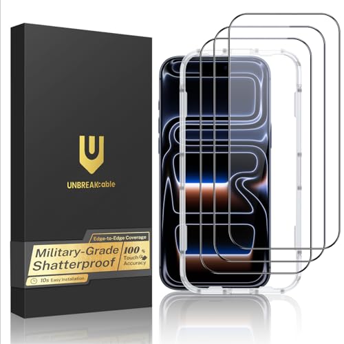 UNBREAKcable for iPhone 17 Pro Screen Protector, 3-Pack Full Coverage Tempered Glass [Military Grade Shatterproof] [9H Hardness] [Easy Installation] [Bubble Free] [99.99% HD Clear] for iPhone 17 Pro - size: iPhone 17 Pro